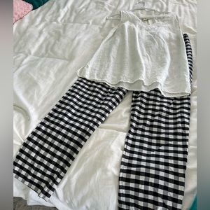 2 piece combo- white linen top & black & white checked crops